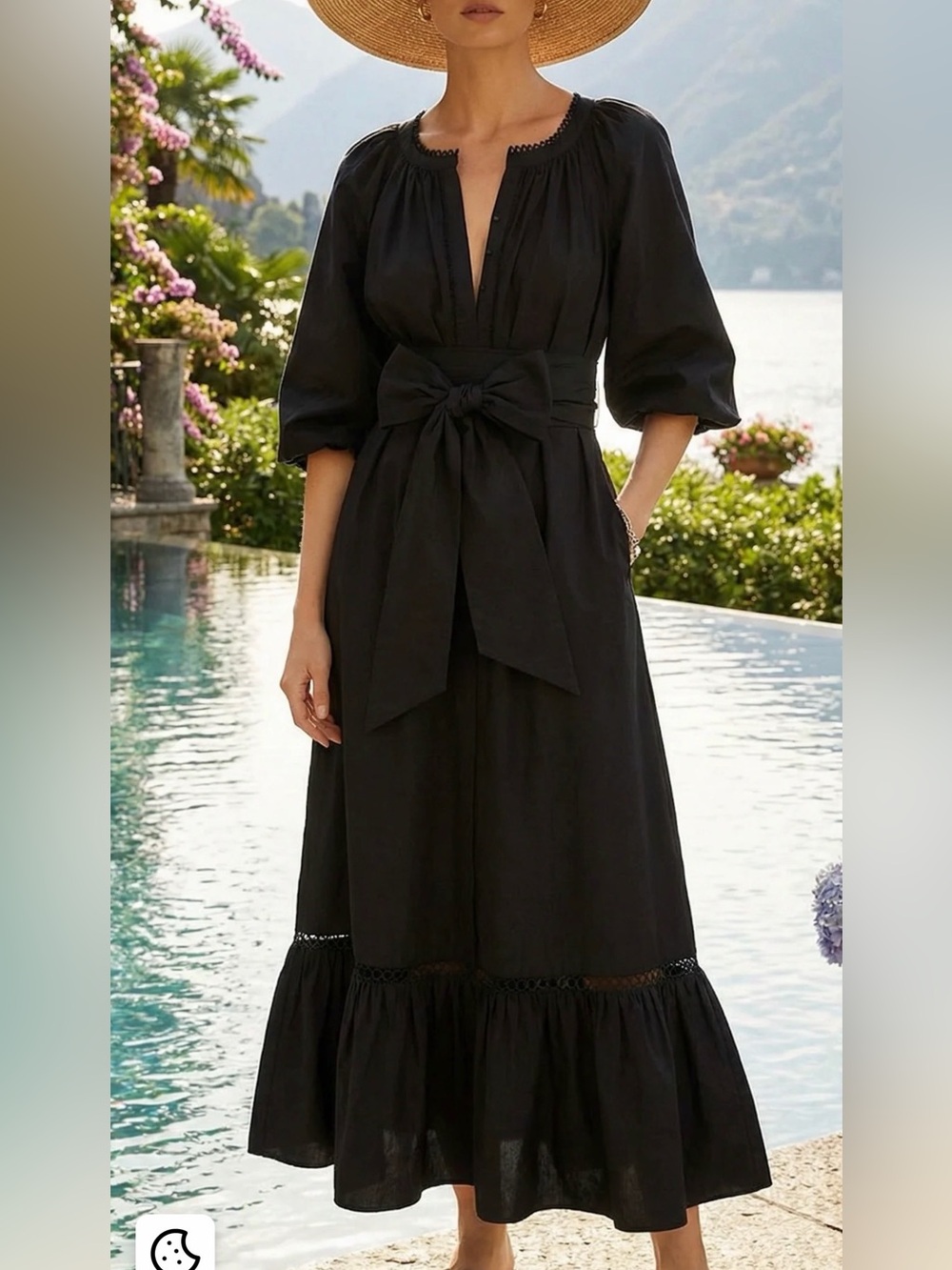 Trish Scully Black Maxi Tie-Waist Puff Sleeve Dress
